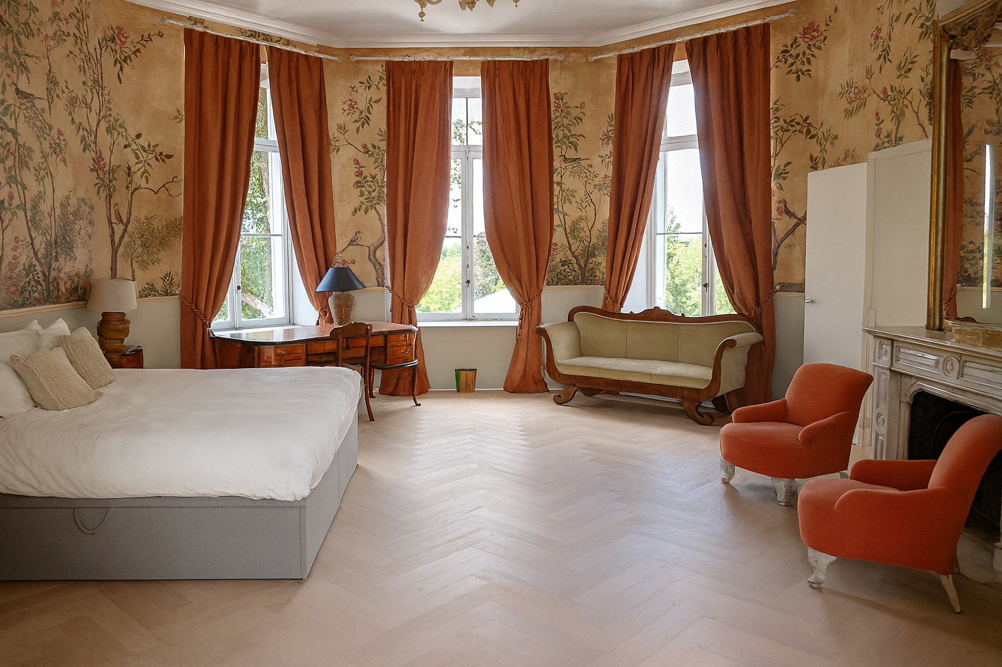 Château de Drogenbos Room Brussels Italian style Global view queen bed windows desk salon red colors